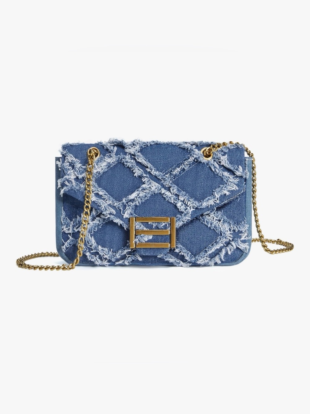 Denim Fringe Chain Crossbody Bag with Gold Hardware